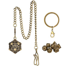 Load image into Gallery viewer, Necklace & Keychain, D20 Metal Case w/ Tiny 7pcs Polyhedral Metal Dice Set
