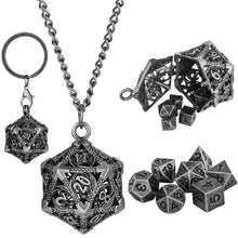 Load image into Gallery viewer, Necklace & Keychain, D20 Metal Case w/ Tiny 7pcs Polyhedral Metal Dice Set