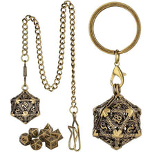 Load image into Gallery viewer, Necklace & Keychain, D20 Metal Case w/ Tiny 7pcs Polyhedral Metal Dice Set