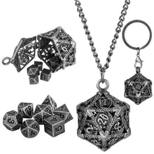Load image into Gallery viewer, Necklace & Keychain, D20 Metal Case w/ Tiny 7pcs Polyhedral Metal Dice Set