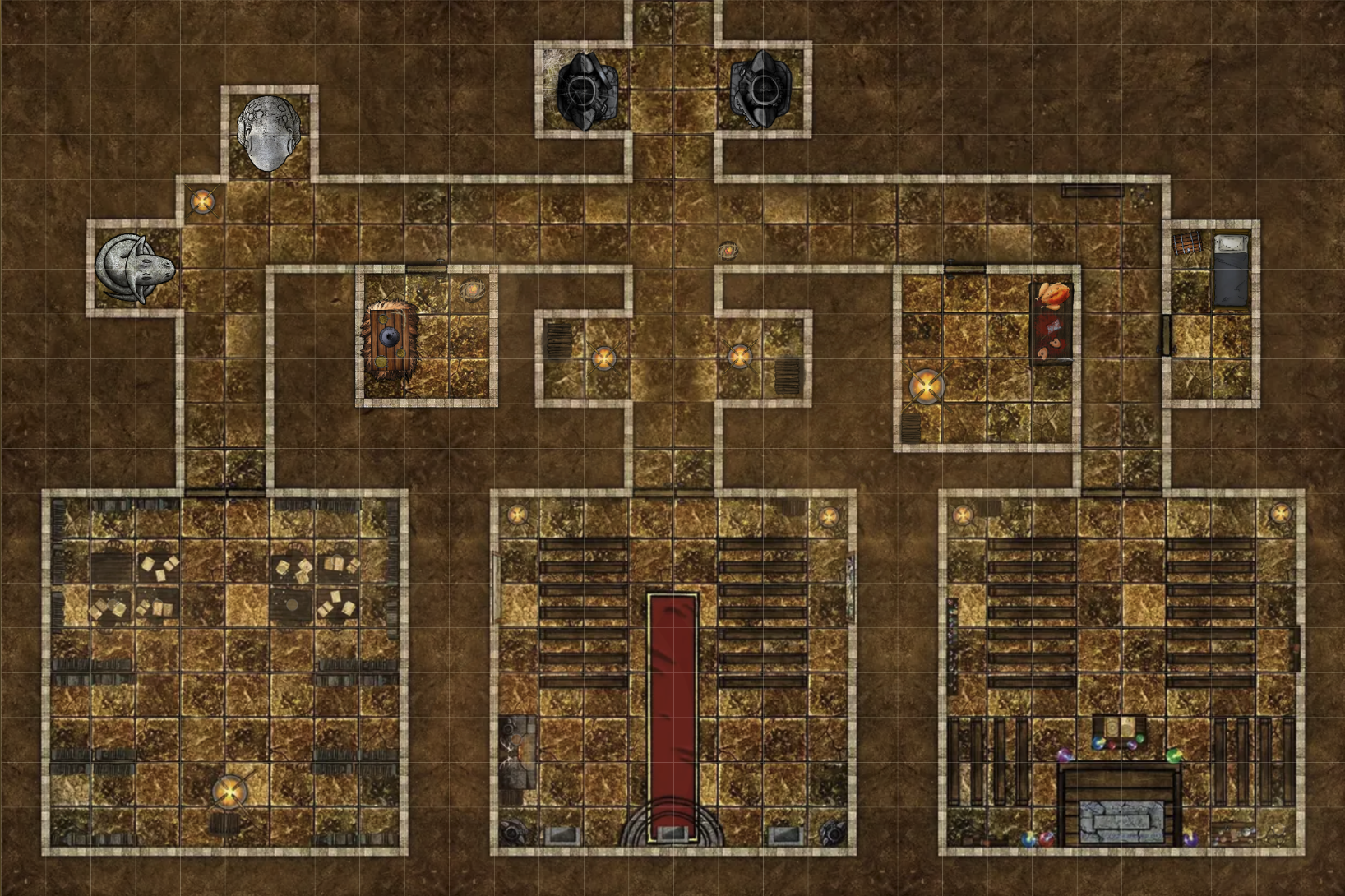Atlas Forge ziggurat map artwork with connected rooms, tiles and placed objects.