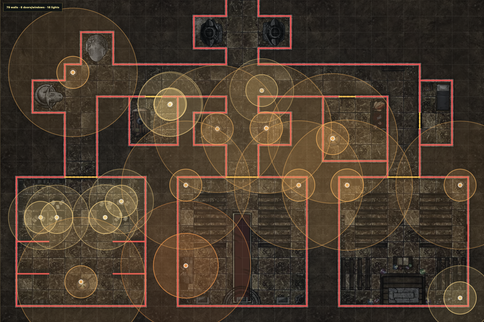 The same ziggurat map with prepared wall and doorway outlines and visible light ranges.