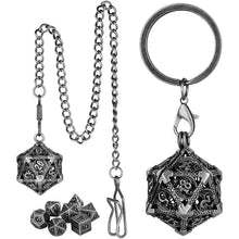 Load image into Gallery viewer, Necklace &amp; Keychain, D20 Metal Case w/ Tiny 7pcs Polyhedral Metal Dice Set
