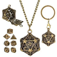 Cargar imagen en el visor de la galería, Necklace &amp; Keychain, D20 Metal Case w/ Tiny 7pcs Polyhedral Metal Dice Set
