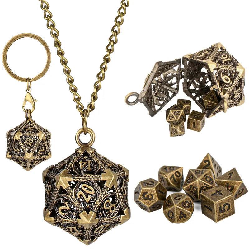 Necklace & Keychain, D20 Metal Case w/ Tiny 7pcs Polyhedral Metal Dice Set