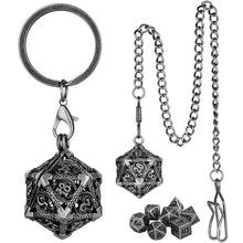 Cargar imagen en el visor de la galería, Necklace &amp; Keychain, D20 Metal Case w/ Tiny 7pcs Polyhedral Metal Dice Set
